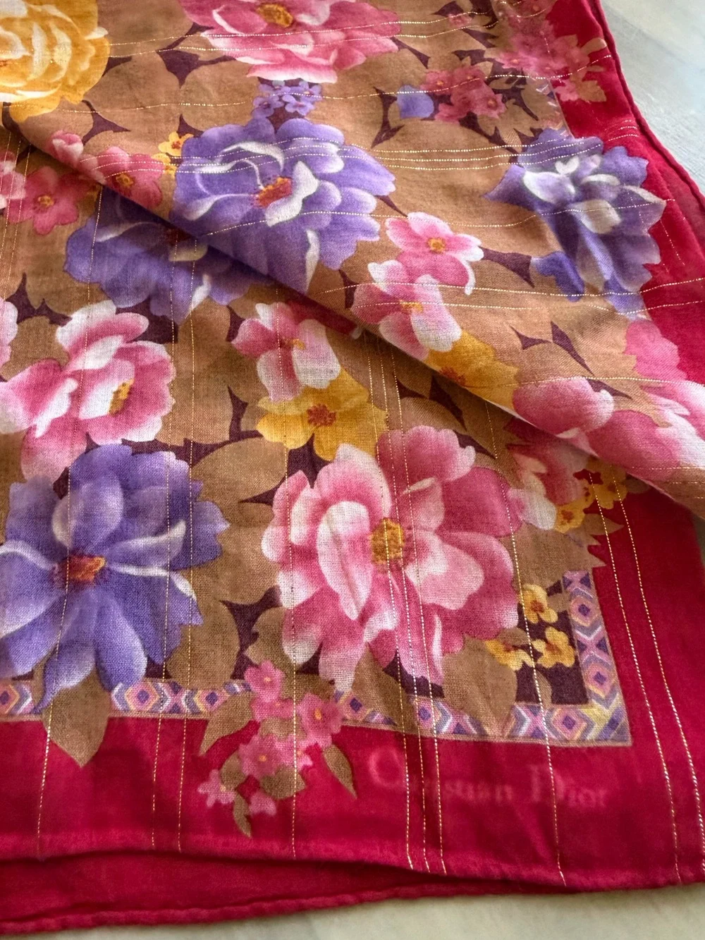Christian Dior Scarf Vibrant Multicolor Floral Print Gold Shimmer Bandanna